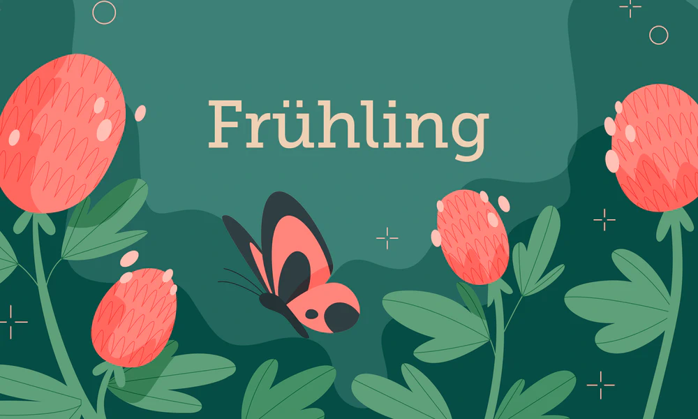 Abbildung einer Blumenwiese mit Sommervogel und dem Schriftzug Frühling