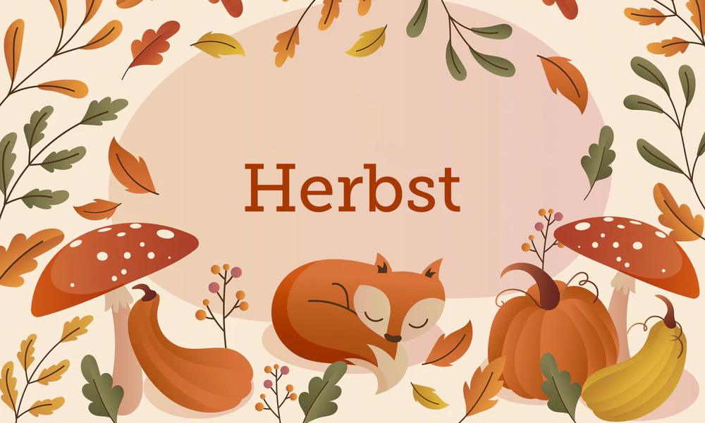 Abbildung von Herbstlaub mit einem schlafenden Fuchs und dem Schriftzug Frühling