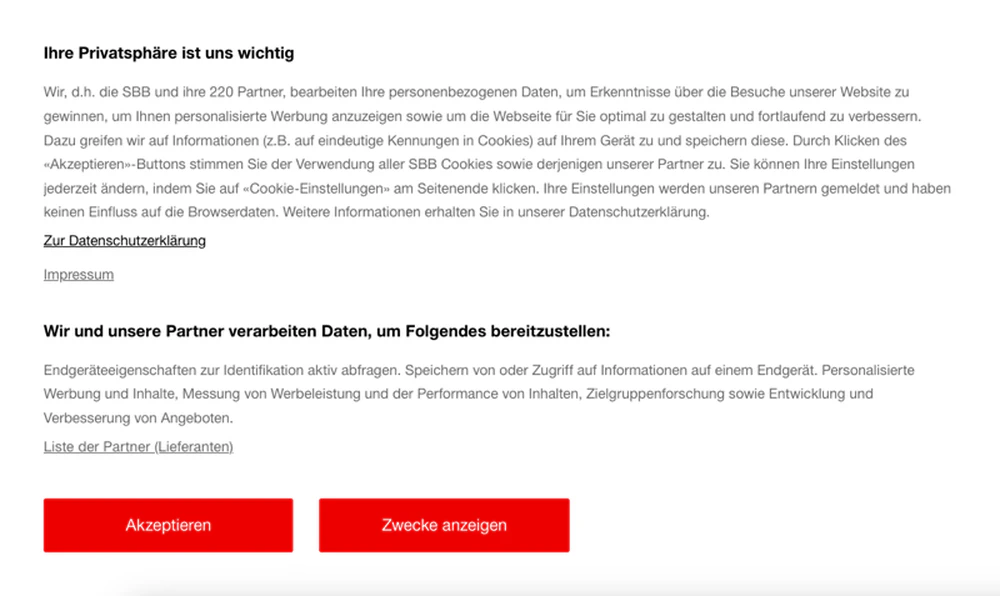 Cookie-Banner, bei welchem die Möglichkeit nicht-erforderliche Cookies abzulehnen erst in einem zweiten Schritt angeboten wird.